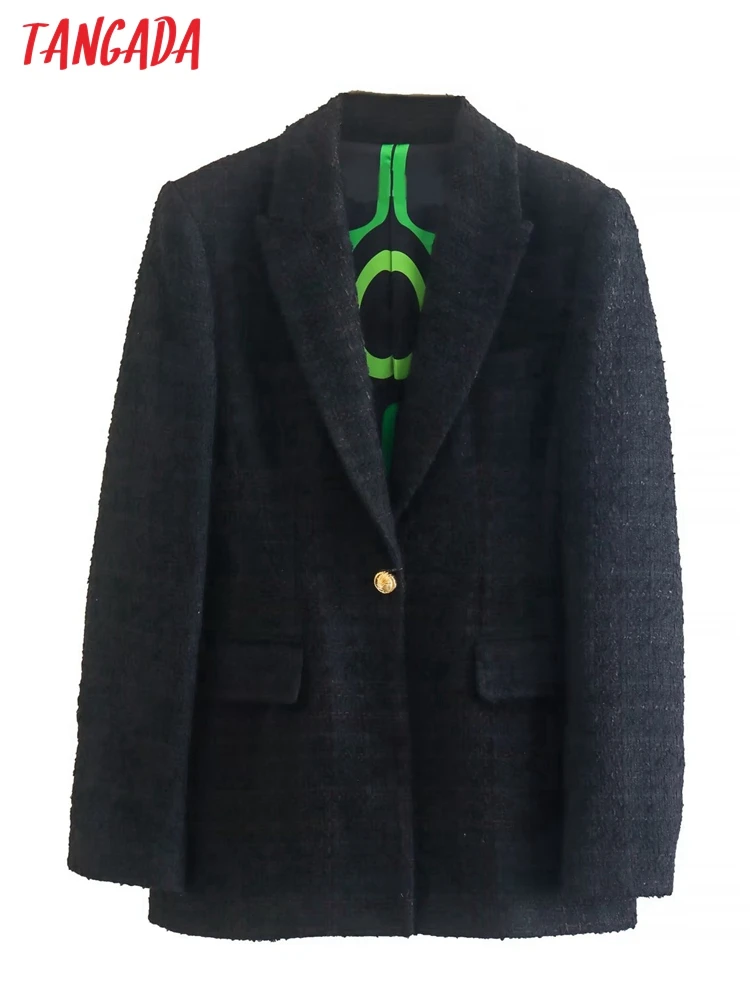 

Tangada Women Black Tweed Blazer Female Long Sleeve Elegant Jacket Ladies Work Wear Blazer Formal Suits QD61