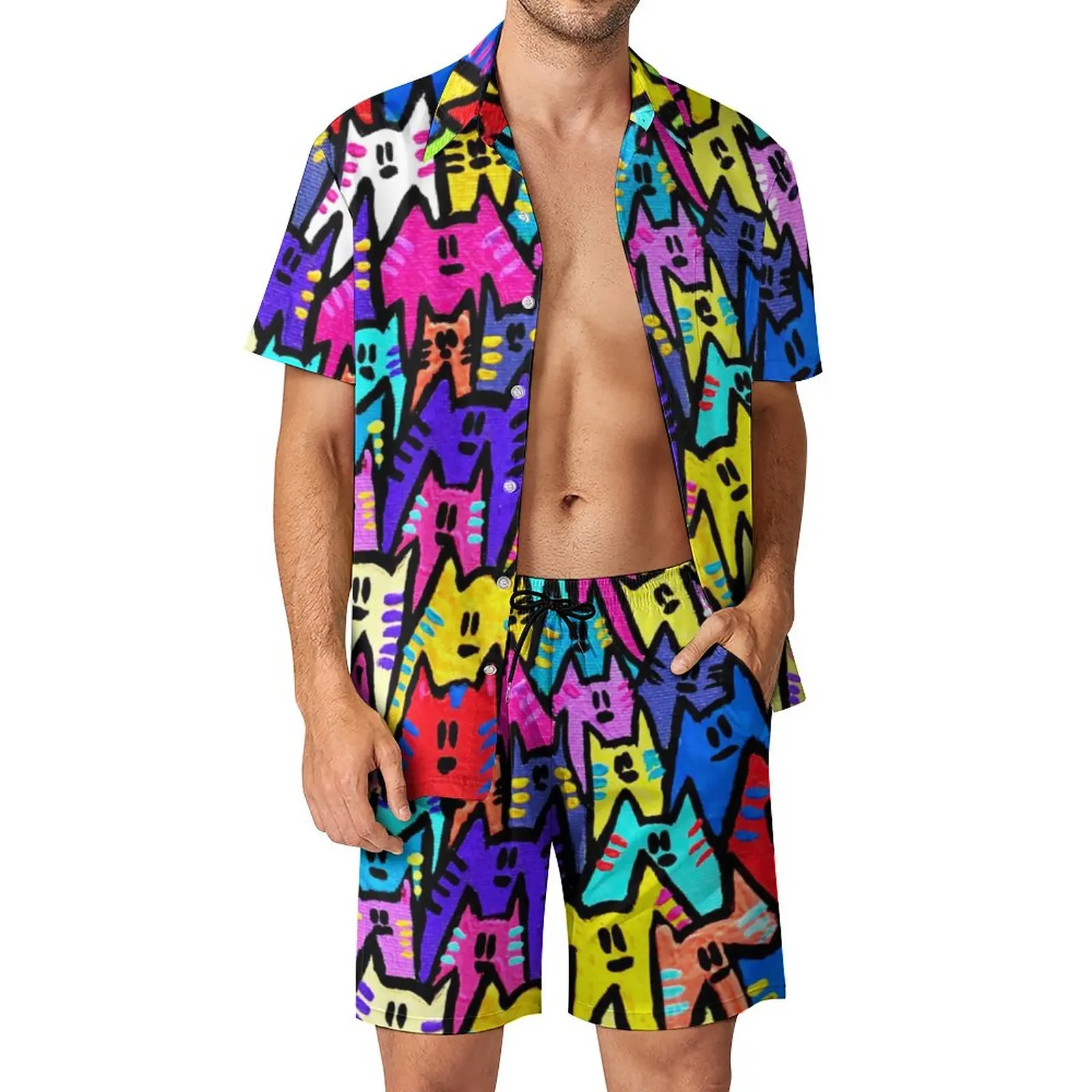 

Funny Cat Beach Men Sets Colorful Cats Print Pop Art Casual Shirt Set Summer Custom Shorts Two-piece Hawaiian Suit 2XL 3XL