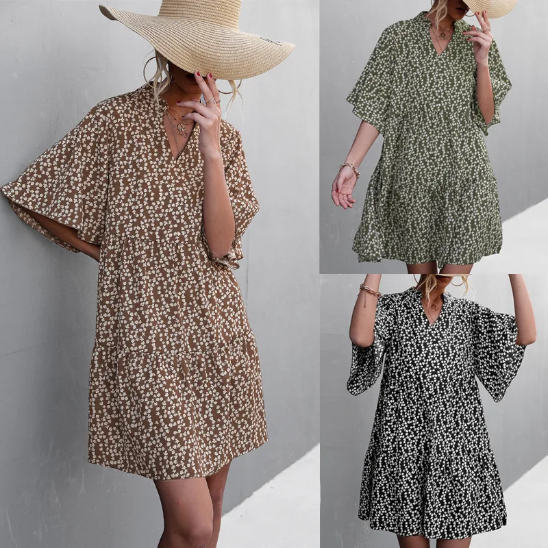 

[JENNER] Women's summer sexy V-neck bell-sleeve print dress with large swing skirt women's refreshing and breathable