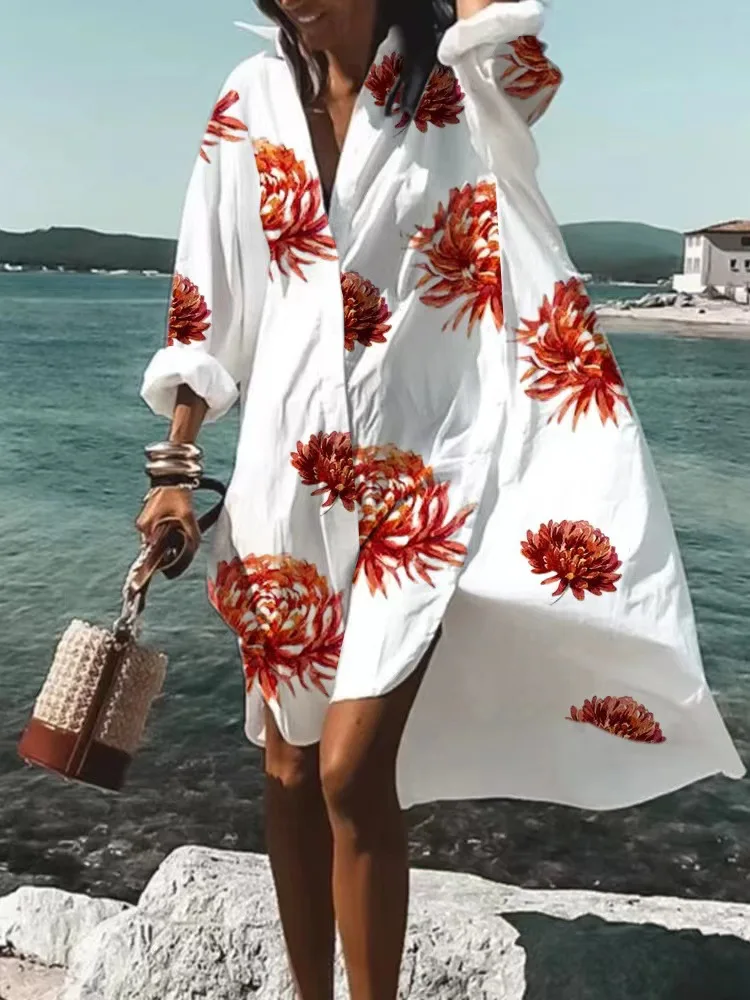 Elegant Ladies Office Button Shirt Dress Turn Down Collar Women Casual Dresses Summer Long Sleeve Loose Printed Dress Vestidos