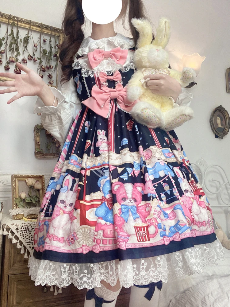 

Japanese Kwaii Lolita Strap Dress Women 2022 New Lace Ball Gown Design Party Dress Female Y2k Cartoon Print Bow Vestidos