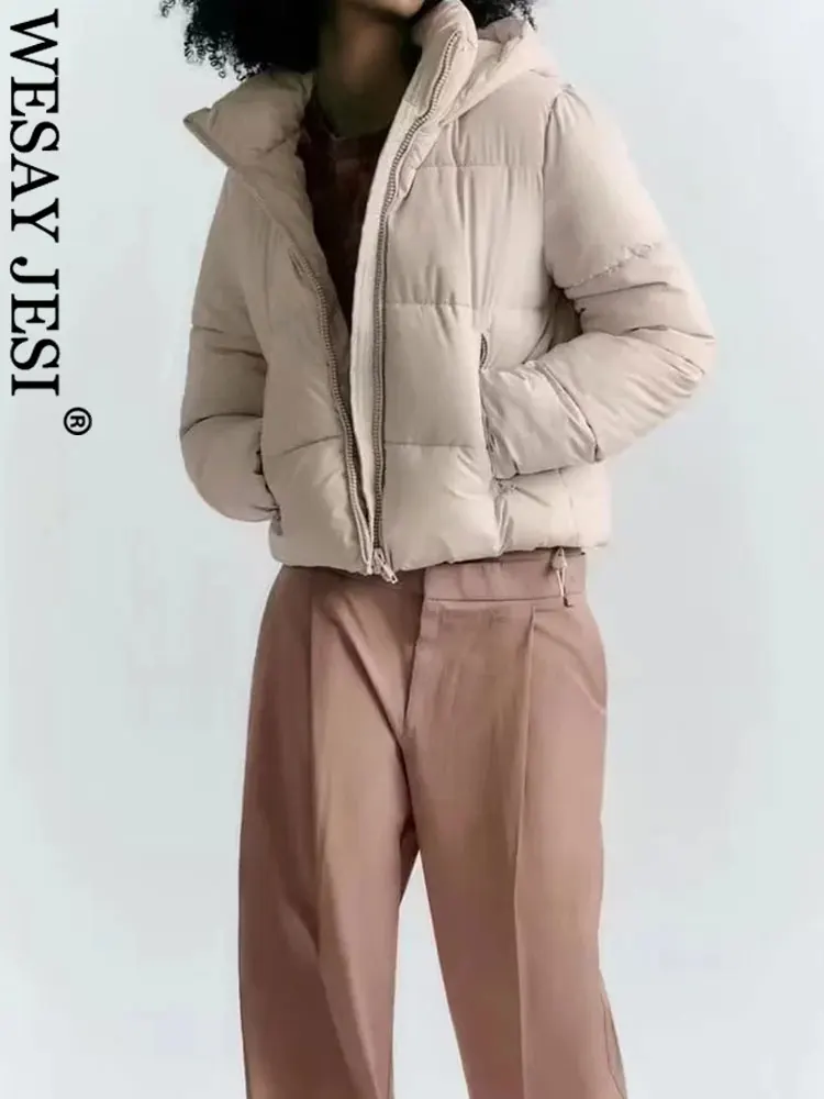WESAY JESI Women's Winter Hooded Cotton Coats Adjustable Hem Long Sleeve Zipper Jackets Fashion Female Thick Warm Chic Outerwear
