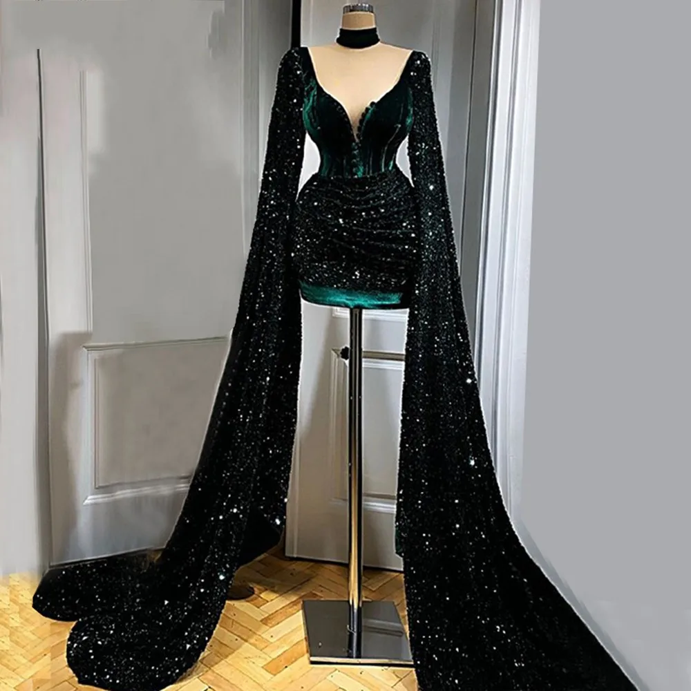 

Emerald Green Sequine African Short Prom Party Dress 2023 High Neck Long Sleeve Sparkly Formal Evening Gowns Robe De Soiree