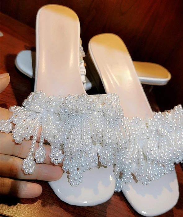 

2022 summer Pure hand luxury pearl tassel decoraction ladies slipper women flip flop beautiful flat sandal