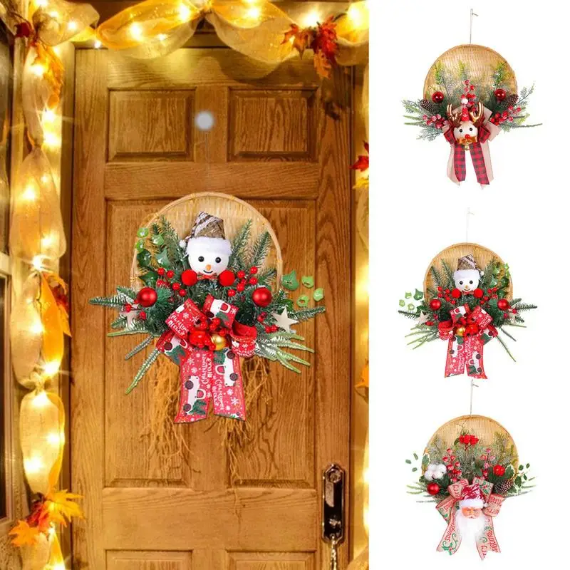 

Рождественский дверной венок, снеговик, лось, Санта-Клаус, кукла, украшения для входной двери, для крыльца, окна, настенный венок с искусственным конусом сосны