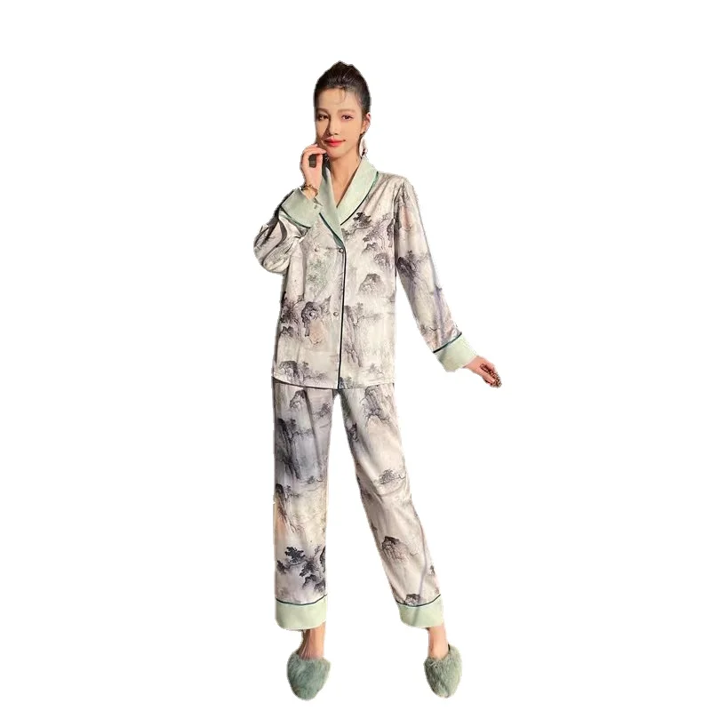 2023 Spring new Chinese national style pajamas for women's V-neck high-luxury home service suit breathable and soft loungewear