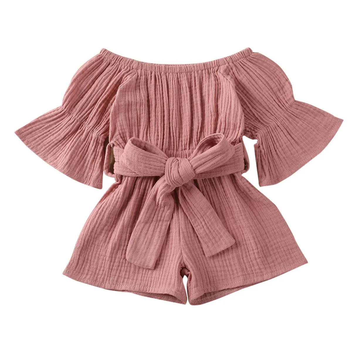 

0-4T Kids Baby Girls Short Sleeve Off Shoulder Romper Jumpsuit Toddler Children Solid Color Belted Bow Playsuit Clothing