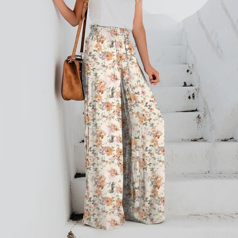 

2023 Fashion Loose Print Simple Style Women Pant Elastic High Waist Wide Leg Pants Temperament Vintage Full Length Elegent Pants