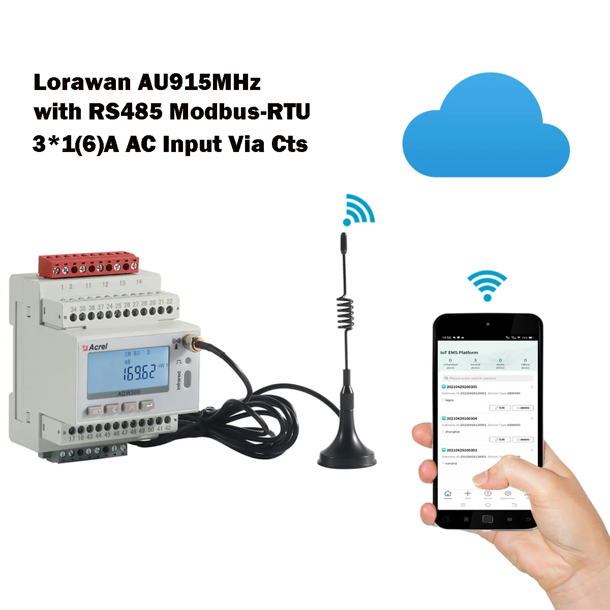 

ADW300-LW915 ЖК-дисплей 45 ~ 65 Гц Lorawan AU915MHz 3-фазный Интеллектуальный Iot счетчик энергии 3*1(6)A AC с Rs485 Modbus-RTU