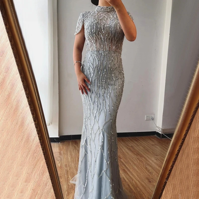 

Grey Silver Mermaid Cap Sleeves Evening Dresses Customized Best Price Luxury Beaded Formal Party Gowns Women