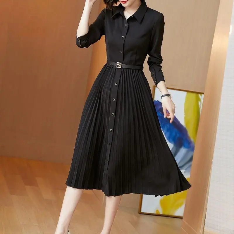 

Elegant Dress Women 2022 Autumn Long Sleeve Black Pleated Dress Female Turn Down Collar Chiffon Black Clothes Office Lady Dress