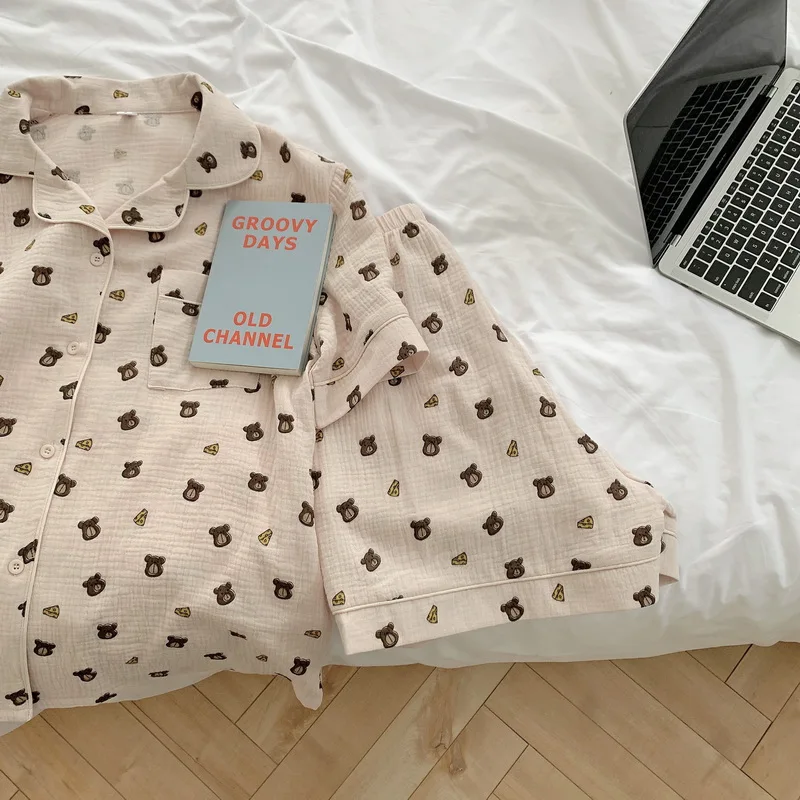 Cartoon Bear Summer Pajamas Set Women Single Breasted Shirts + Shorts Cotton Two Piece Home Suit Kawaii Korean Sleepwear