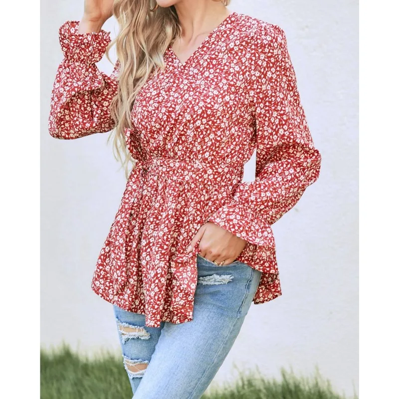 Сплошной цвет элегантная женская блузка с цветочным принтом осенняя