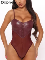 women backless sexy new style pu leateher mesh patchwork breasted sling bodysuit fashion summer 2022