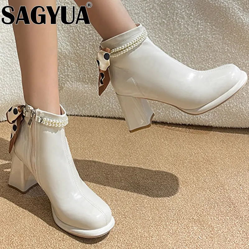 

Женские ботильоны на платформе и высоком массивном каблуке, зимние туфли-лодочки с бусинами и бантом-бабочкой, 2022