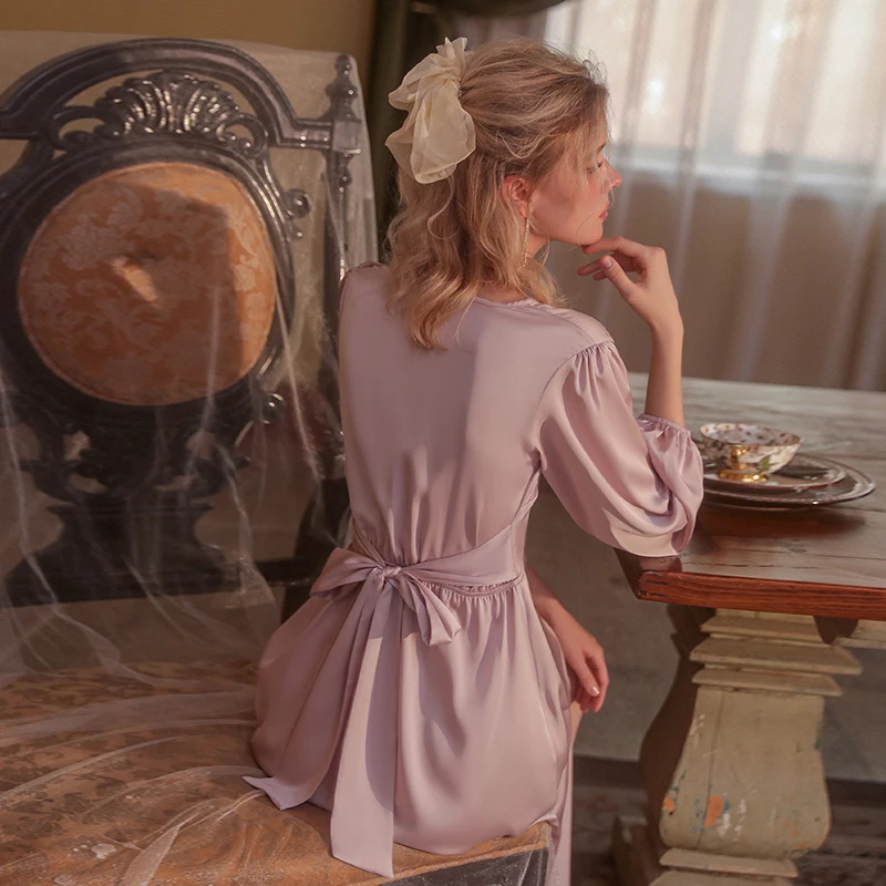 French Princess Sleepwear Sexy Bow Ice Silk Temptation Long Dress Romantic Nightdress Women's Home Clothes Slit Nightgown