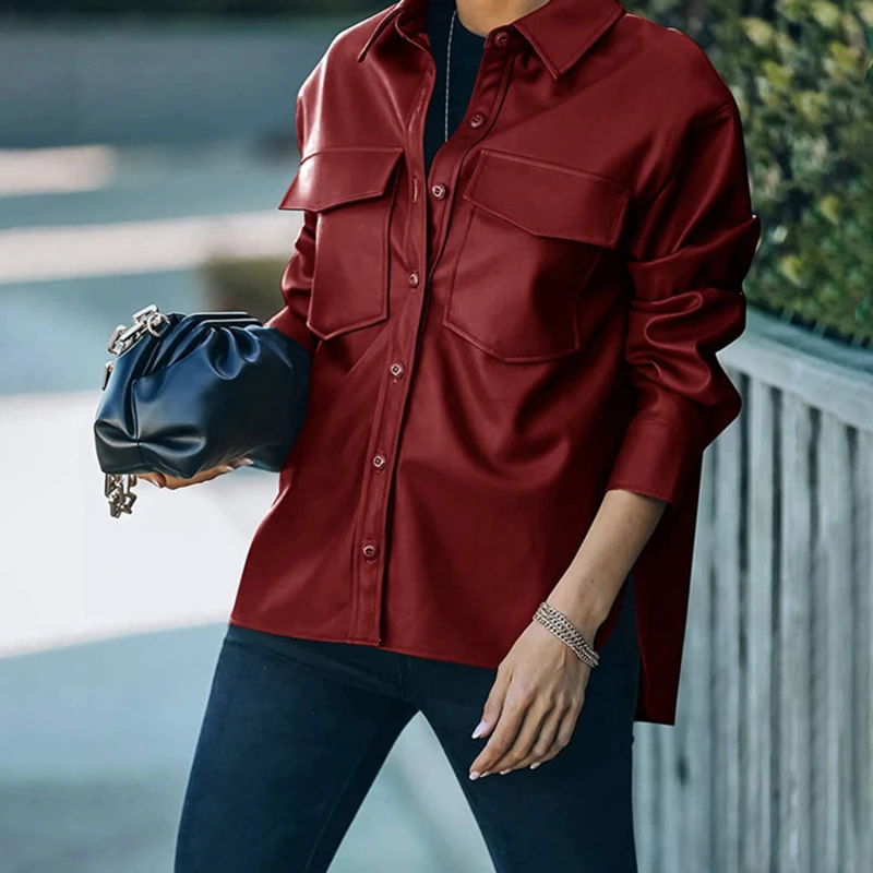 

Pu Leather Jacket Women Pocket Single-Breasted Long-Sleeved Blazer Streetwear Casual Solid Color Fashion Mature Lady Jackets