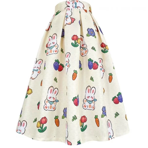 Длинная Жаккардовая юбка с высокой талией для девочек, корейский тренд, кавайная, мультяшная, вышитая, милая, милые кролики, подростковая, весна 2024