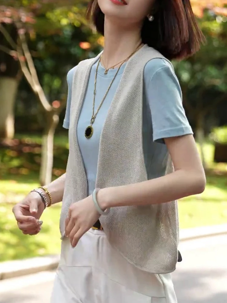 Женский жилет 2024 новый тонкий летний полый вязаный маленький из ледяного шелка
