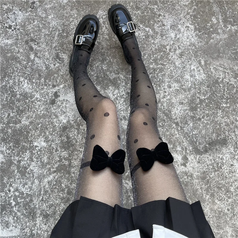 

Women New Black Stockings Polka Dot Big Bow Stockings Tights Fashion All-match Sexy Shiny Silver Silk Pantyhose Harajuku Hosiery