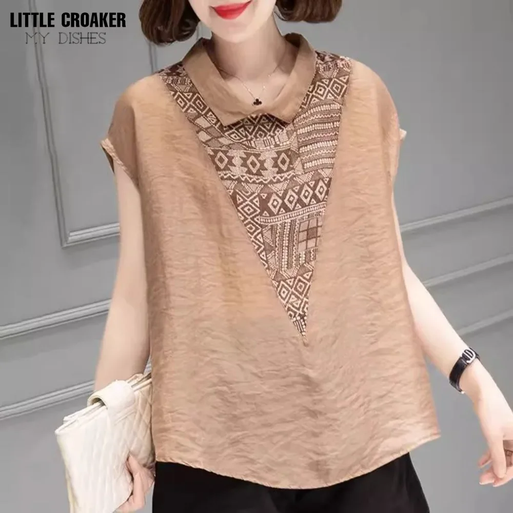 

Рубашка женская из хлопка и льна с коротким рукавом и кукольным воротником