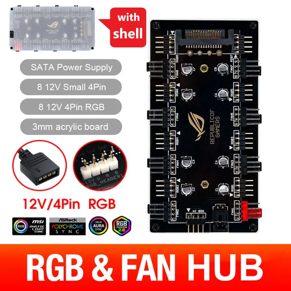 5V/3 Pin ARGB 4 Pin Fan PWM HUB 1 To 8 Multi Way Splitter for PC Motherboard LED Strip Light Control Adapter Powered By SATA/4D