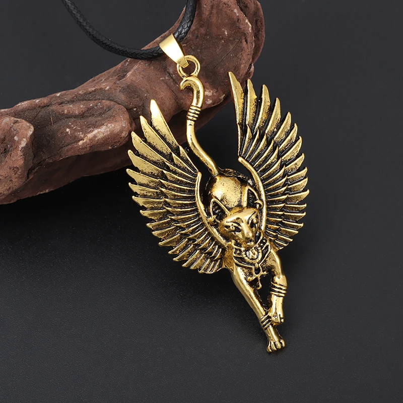 Ancient Egyptian Mythology Cat with Wings Bastet Pendant Necklace Vintage Animal Jewelry