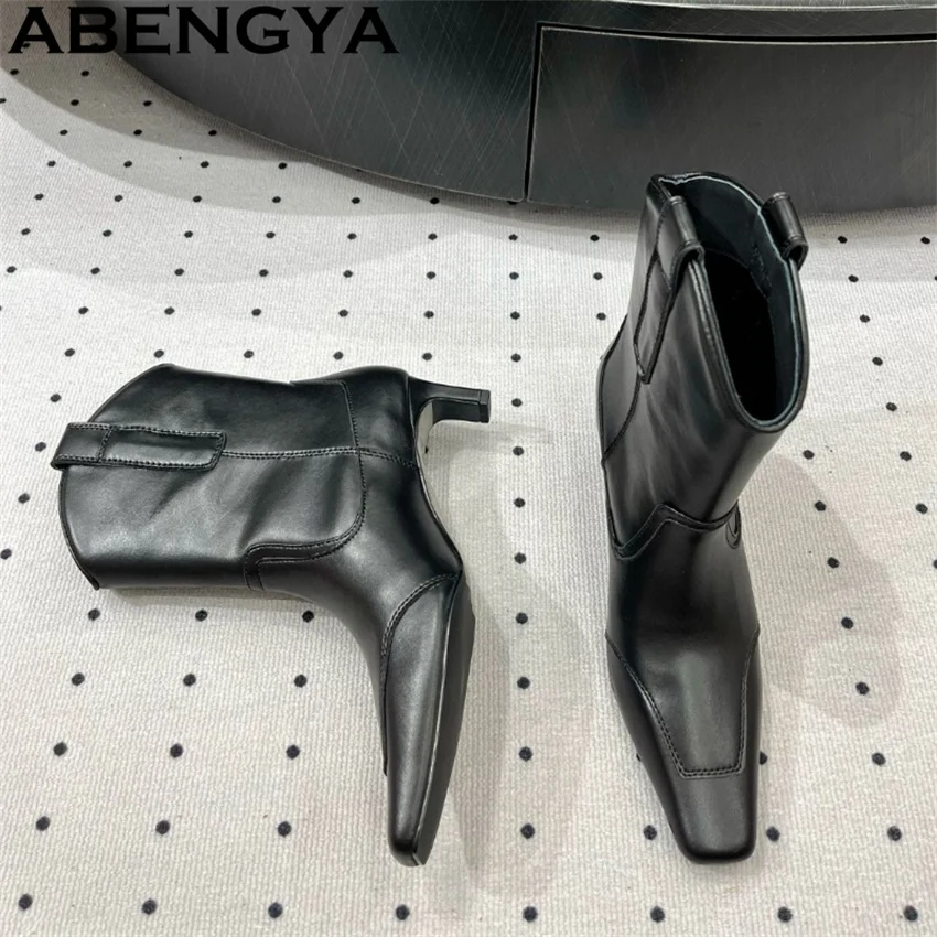Фото ABENGYA Ботильоны из натуральной замши и котенка на каблуке, женские короткие ботинки «Челси» с острым носком, сексуальные тонкие модные ботинки, женские ботинки 2025 №4