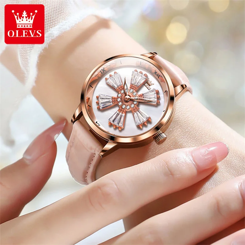 OLEVS Luxury Quartz Watch for Women Fashion New Design Rotating Dial Pink Leather Ladies Watches Waterproof Relogio Feminino enlarge