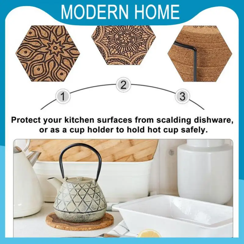 

With Rack Nordic Mandala Round Cork Coaster Wooden Coasters Table Mat Non-slip Creative Round Shape Wooden Coasters 1 Set 6pcs