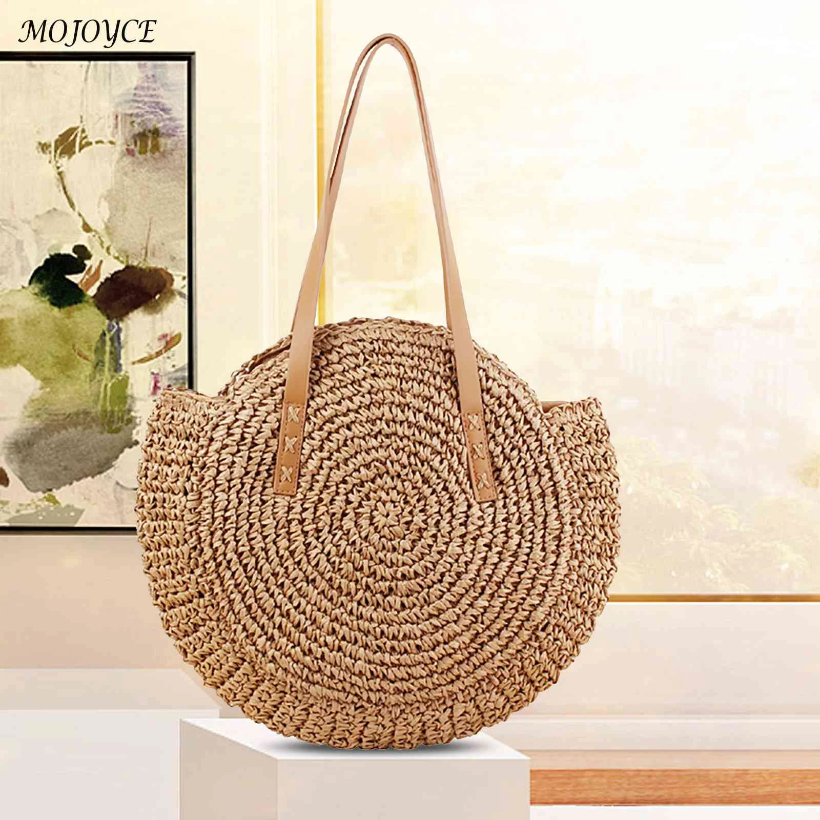 

Round Straw Crossbody Bags Women Summer Rattan Bag 2021 Handmade Woven Beach Cross Body Bag Circle Bohemia Handbag Bali Box