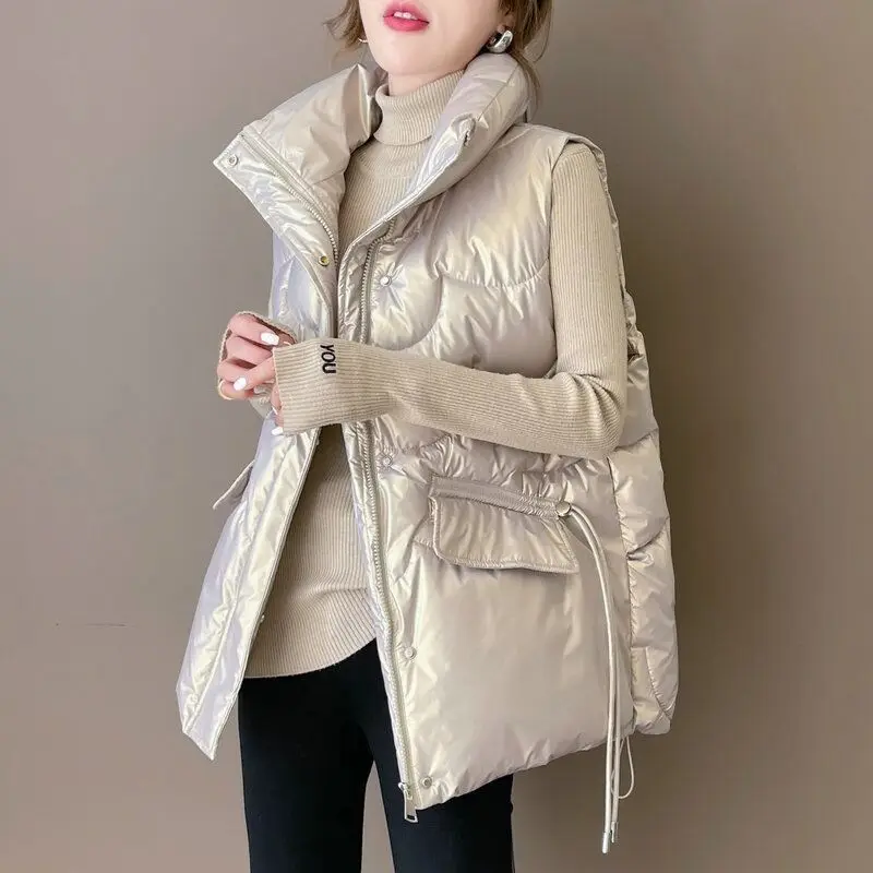 Women Stand Collar 2022 New Short Bright Color Cotton Padded Jacket Sleeveless Female Winter Waistcoat Coat Vest