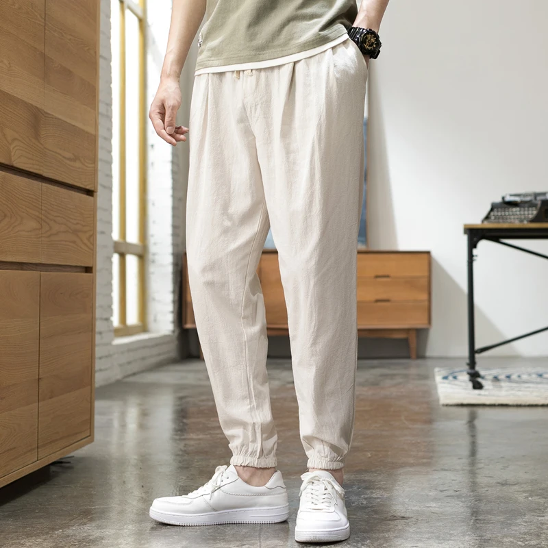 

2023 Men's Solid Casual Pants Summer Loose Joggers Korean Style Tide Nine-point Corset Sweatpants Linen Harem Pants Streetwear