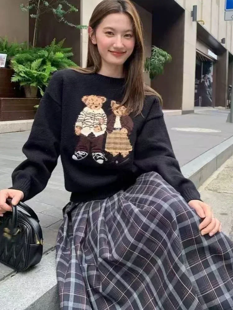 Женский утепленный зимний свитер Kawaii в стиле Харадзюку жаккардовый с круглым