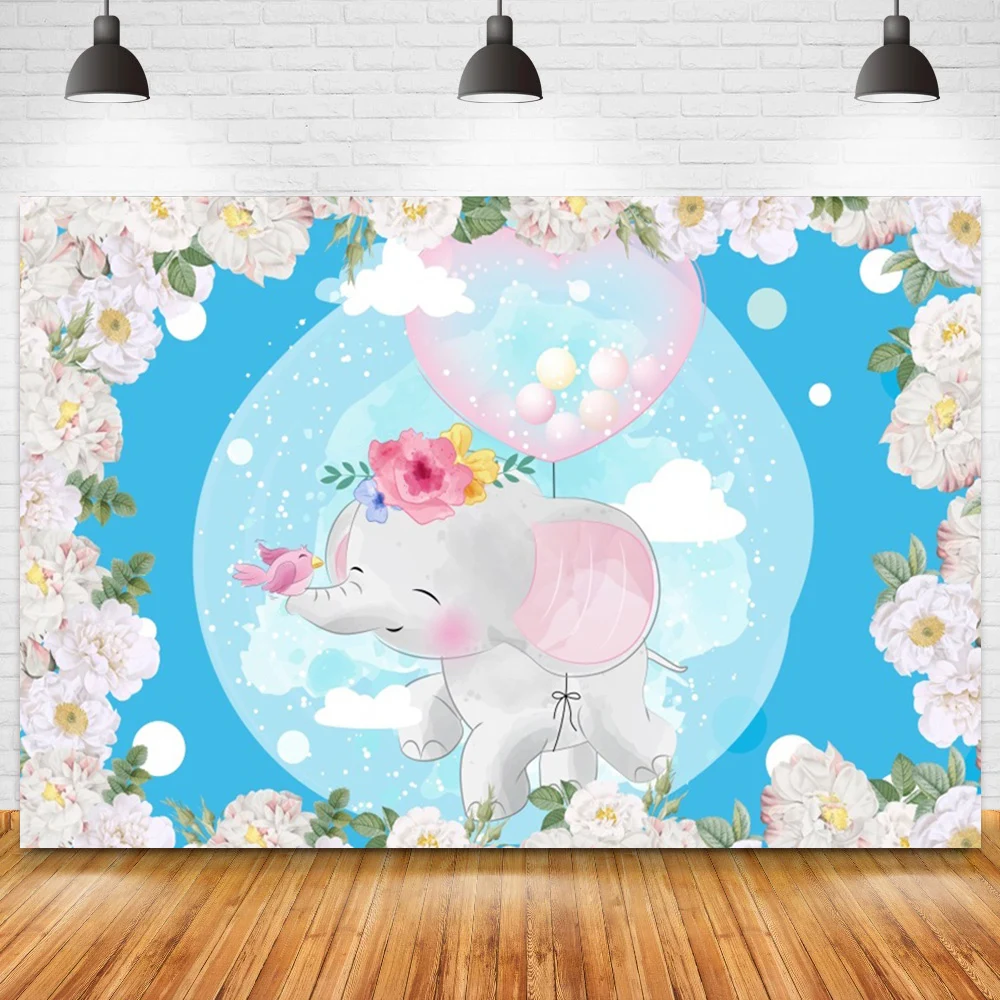 

Фон для фотосъемки новорожденных с изображением милого слона и девочки на 1-й день рождения, Цветочная рамка, украшение, фотофоны на заказ