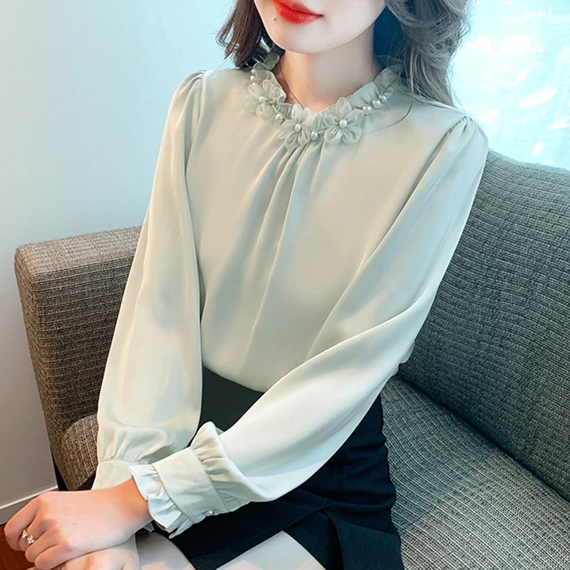 

Standing Collar Women Shirt Autumn 2023 New Long Sleeve Chiffon Blouse Elegant Fashion Beaded OL Tops
