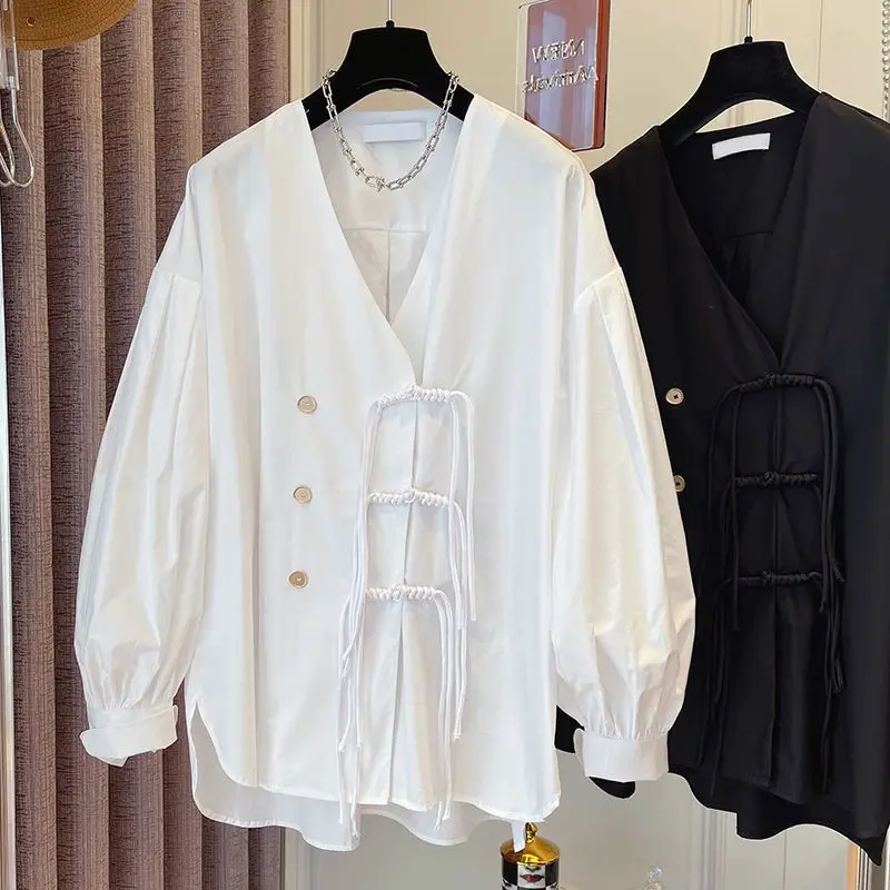 

Fashion Chich Korea Version Spring Summer V-neck Tassel Buckle Women Shirt Female Niche Top 2023 Spring