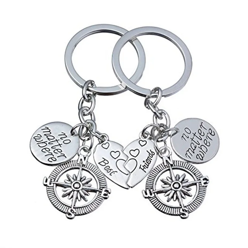 

2pcs Best Friend Key Mother Daughter Chain Heart Shape Vintage Compass Pendant Keychain Long Distance Friendship Car Key Ring