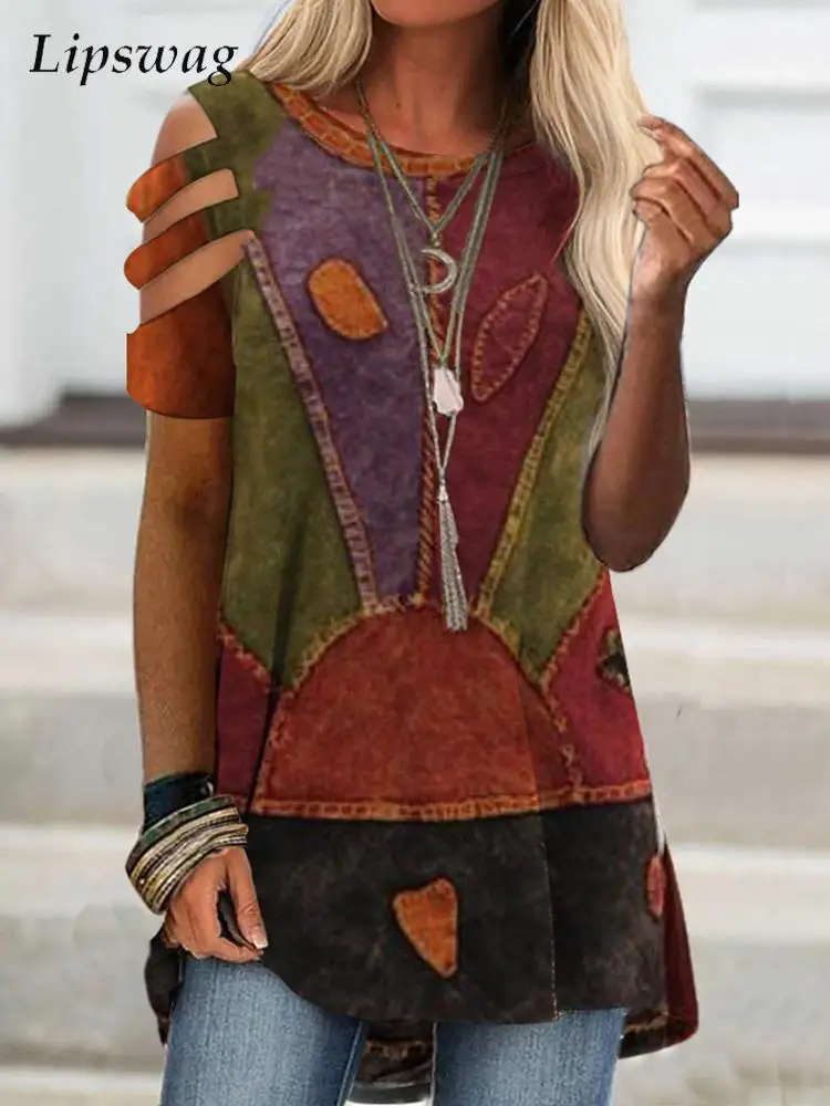 

Summer Short Sleeve Hollow Pullover Women Vintage Graphic Print Loose Top Ladies Casual O-Neck T-shirt Blouses Women Streetwear