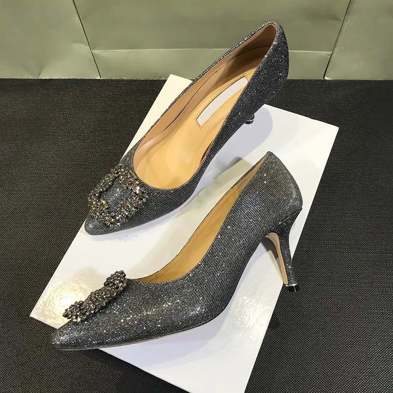 Satin Shoes Toe Pointed Toe Medium Heel Stiletto Square Buckle Women's Shoes Green