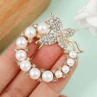 new pearl rhinestone wreath butterfly brooch for women baroque trendy elegant circle leaf brooch pins party wedding gifts