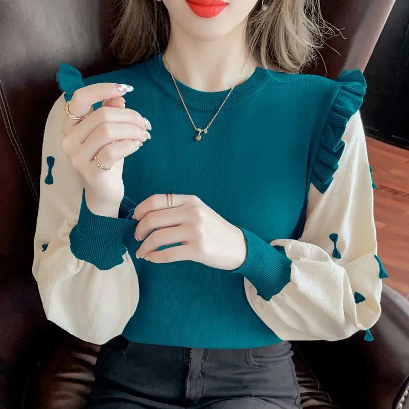 

Stylish Knitted Spliced Bow Ruffles Fake Two Pieces Blouse Female Clothing 2023 Spring New Casual Pullovers Loose Sweet Shirt