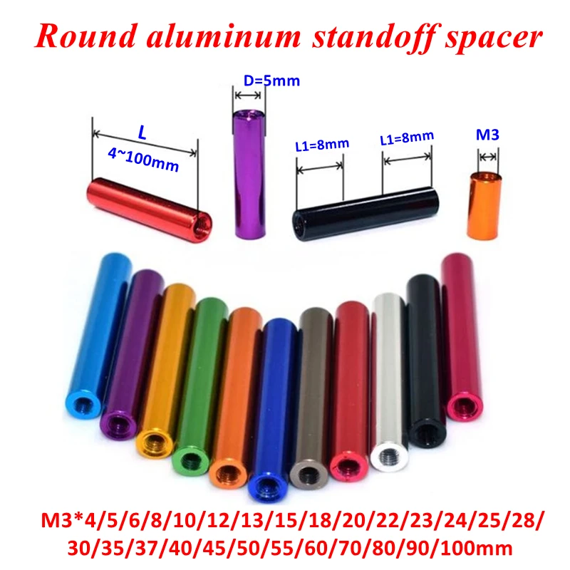 

10pcs 3mm M3 Anodized round aluminum standoff Column rods Round Aluminum Spacer for fpv RC multirotors Length 4mm TO 100mm