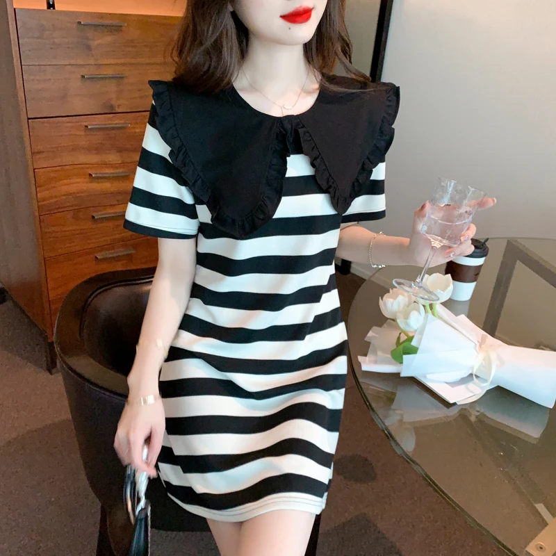 

Summer Casual Fashion Women's Dress Short Sleeve Stripe Doll Collar Above Knee Mini Dresses Houthion