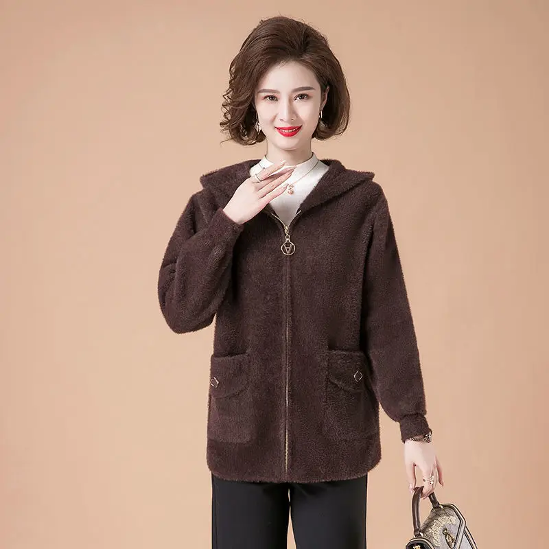 Женский вязаный кардиган с капюшоном элегантный свитер-куртка из искусственной