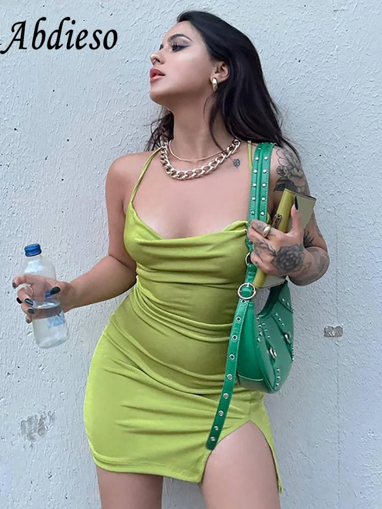

Abdieso Y2K летнее облегающее мини-платье на тонких бретелях для женщин 2022 черные однотонные бандажные сексуальные Клубные вечерние платья с от...