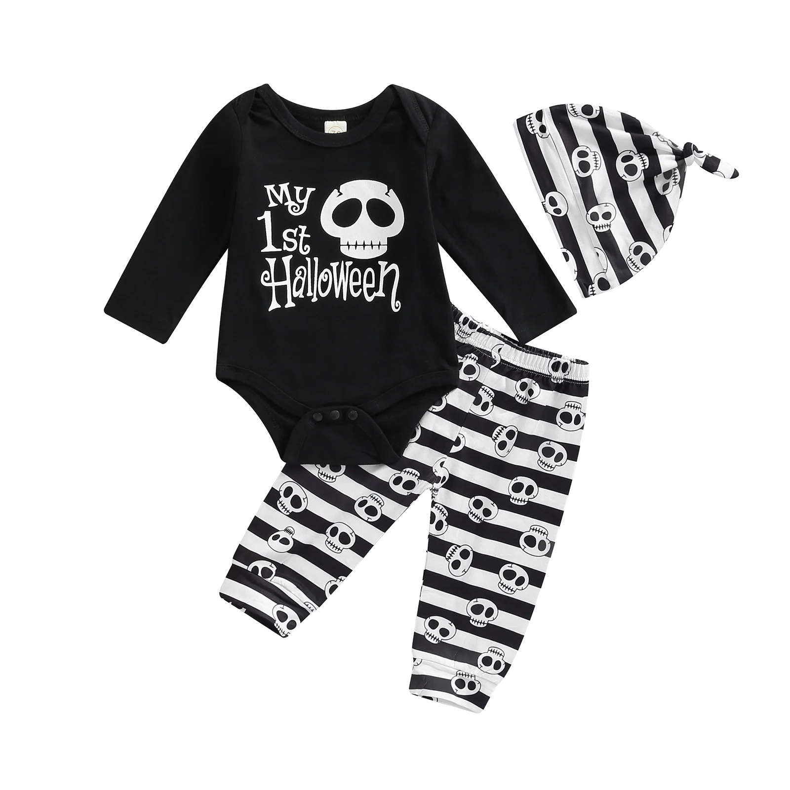 

Lioraitiin 0-18M Baby Boy Girl 3Pcs Halloween Romper Suit Long Sleeve Skull Head Letter Snap Romper, Striped Skull Long Pants