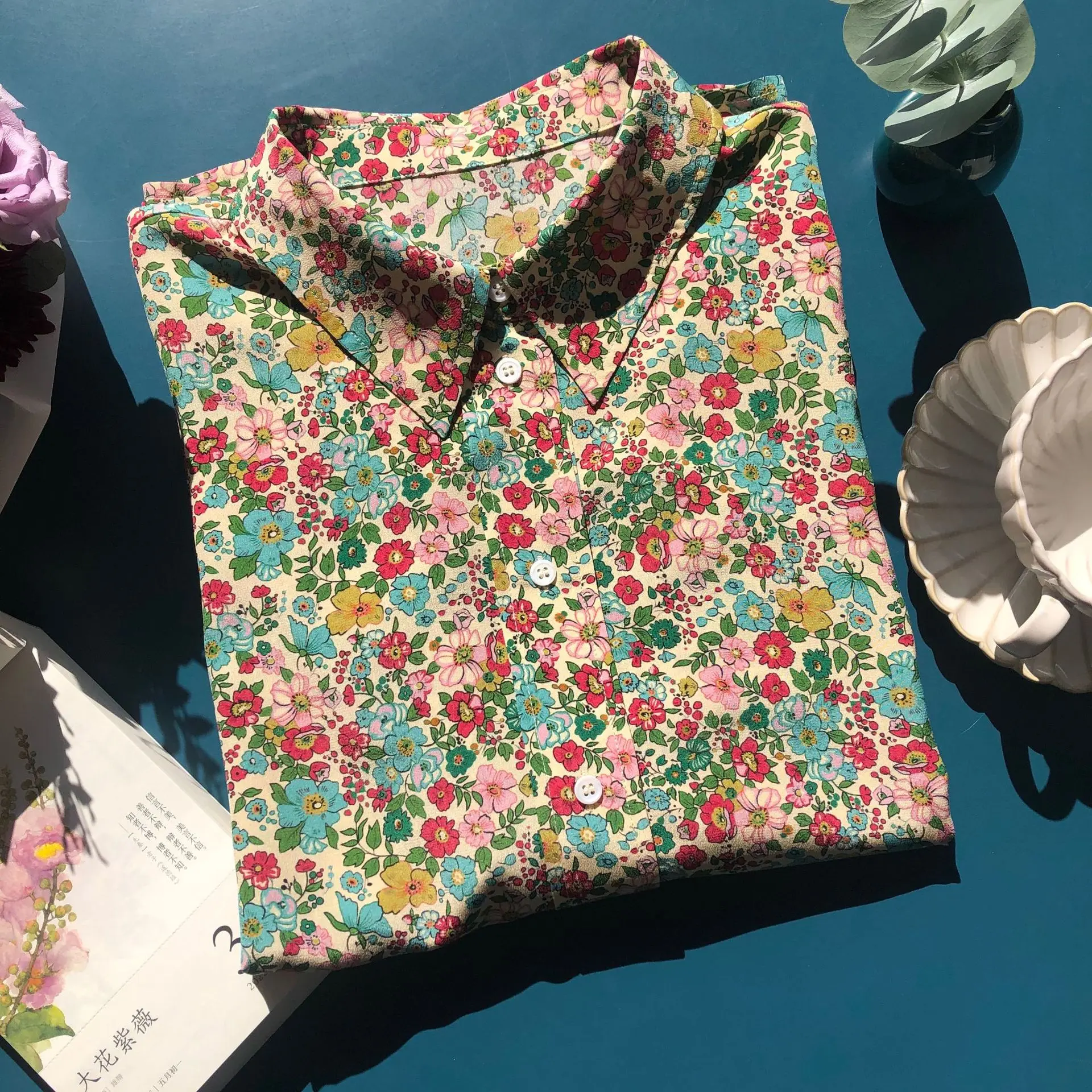 

Высококачественная 2022 натуральная шелковая тонкая прозрачная рубашка с длинным рукавом и принтом, женская блузка, богемный женский топ на ...