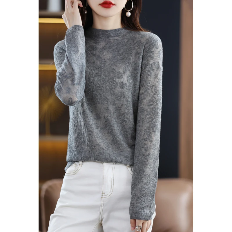 Autumn and Winter Women's Cashmere Wool Sweater Half-high Neck Pullover Three-dimensional Carved Casual Knitted Warm Sweater