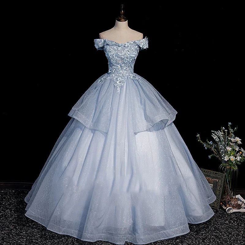 Фото Блестящее бальное платье по индивидуальному заказу, платья Quinceanera, аппликации с открытыми плечами, женские вечерние платья для выпускного вечера, Vestido De Noche, robes de soirée №1